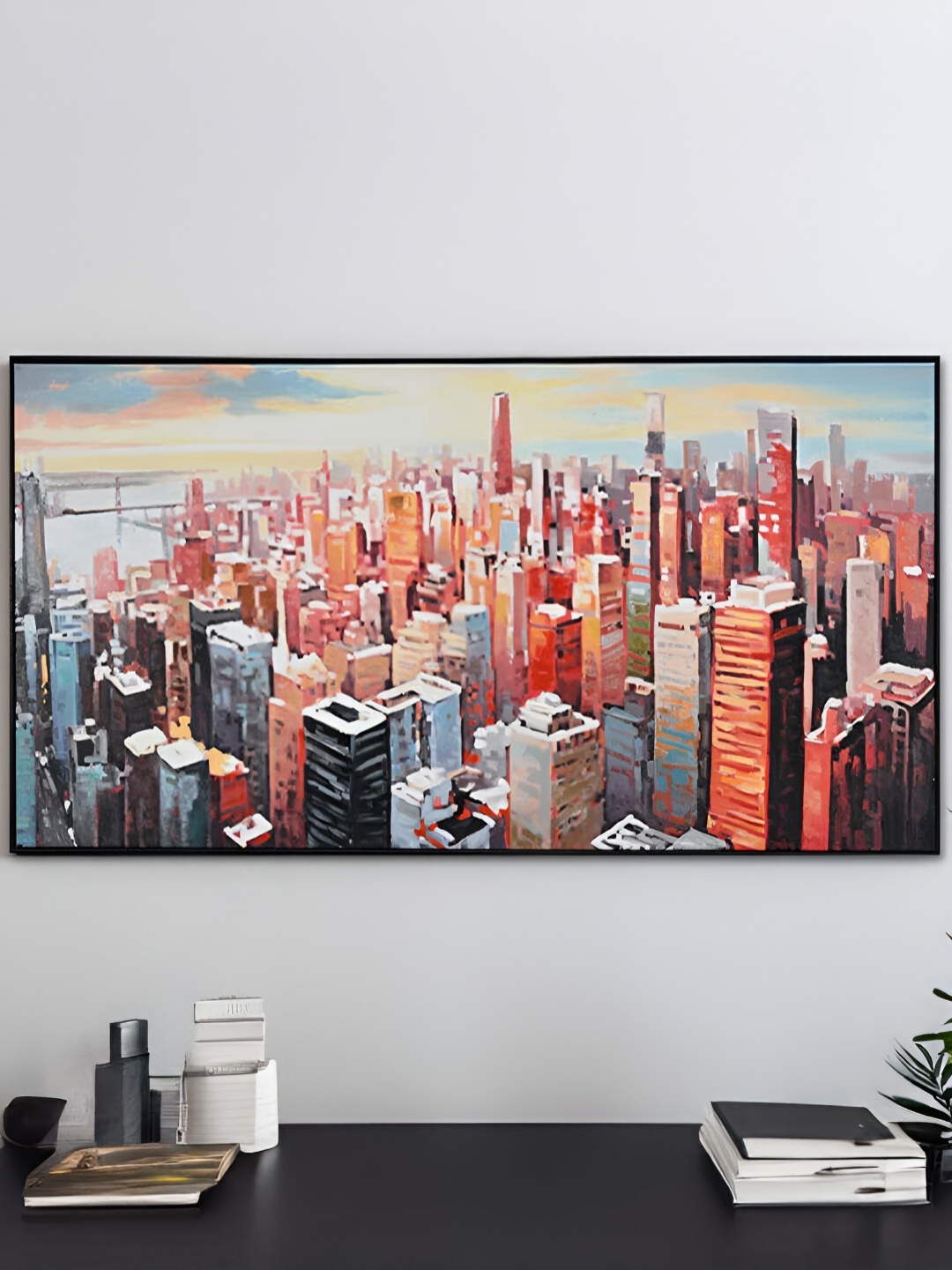 

Athome by Nilkamal Red & Blue Cityscape Wooden Framed Canvas Wall Painting