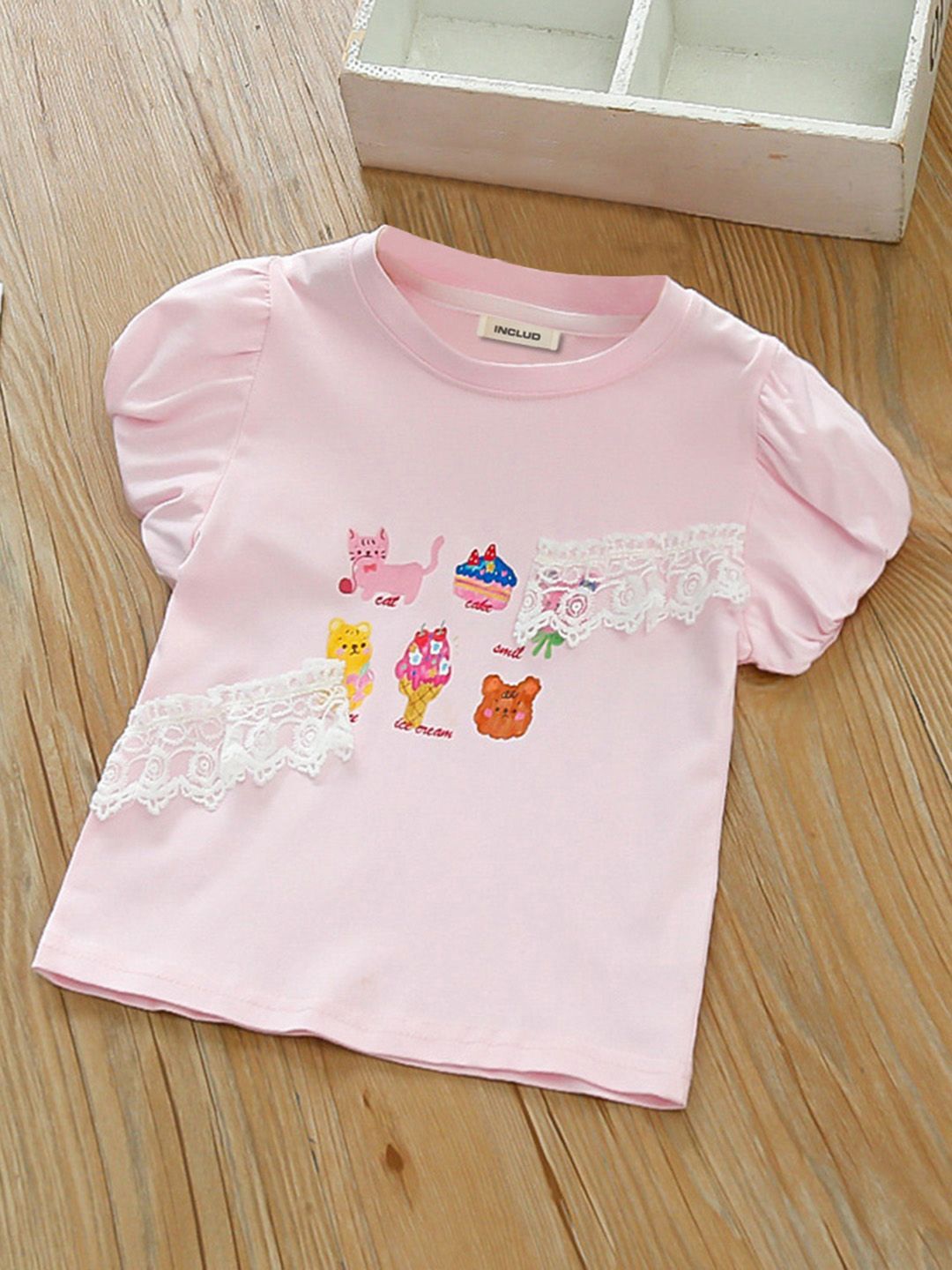 

INCLUD Girls Graphic Printed Round Neck Cotton Top, Pink