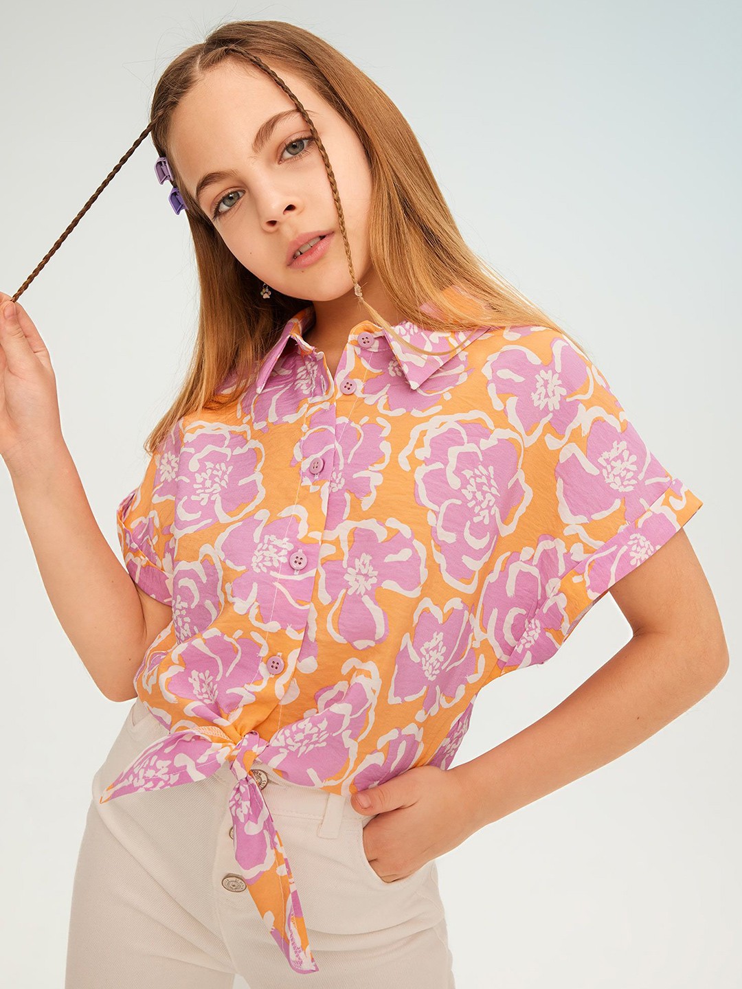 

DeFacto Girls Spread Collar Floral Printed Casual Shirt, Orange
