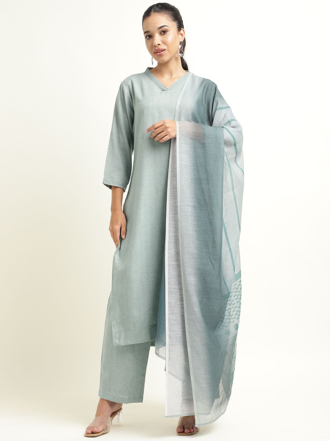 

ZARI Pure Cotton Kurta with Trousers & Dupatta, Blue