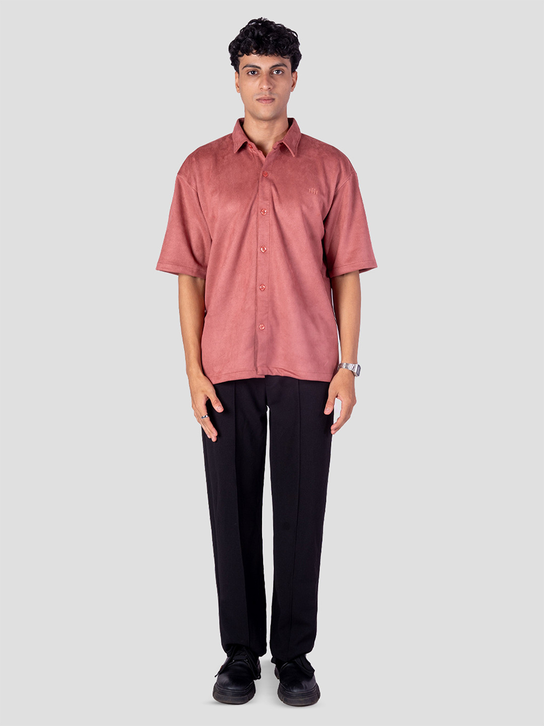 

HOP HEAD Unisex Spread Collar Solid Suede Relaxed Fit Casual Shirt, Rose