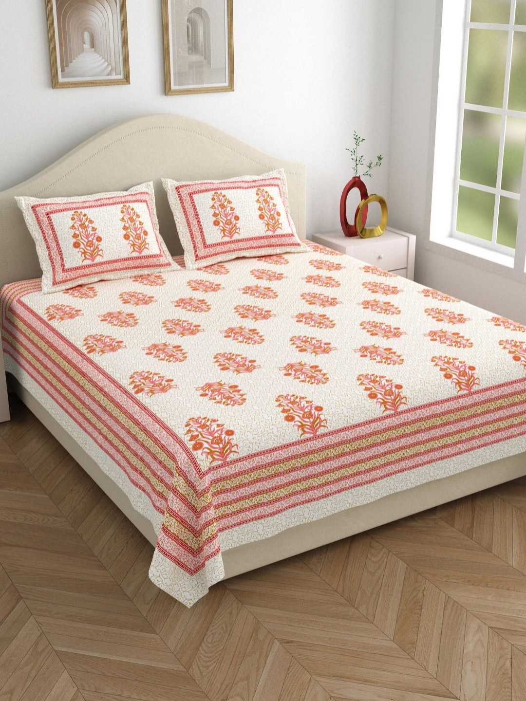 

Salona Bichona Pink & Off White Floral Cotton 120 TC Queen Bedsheet with 2 Pillow Covers