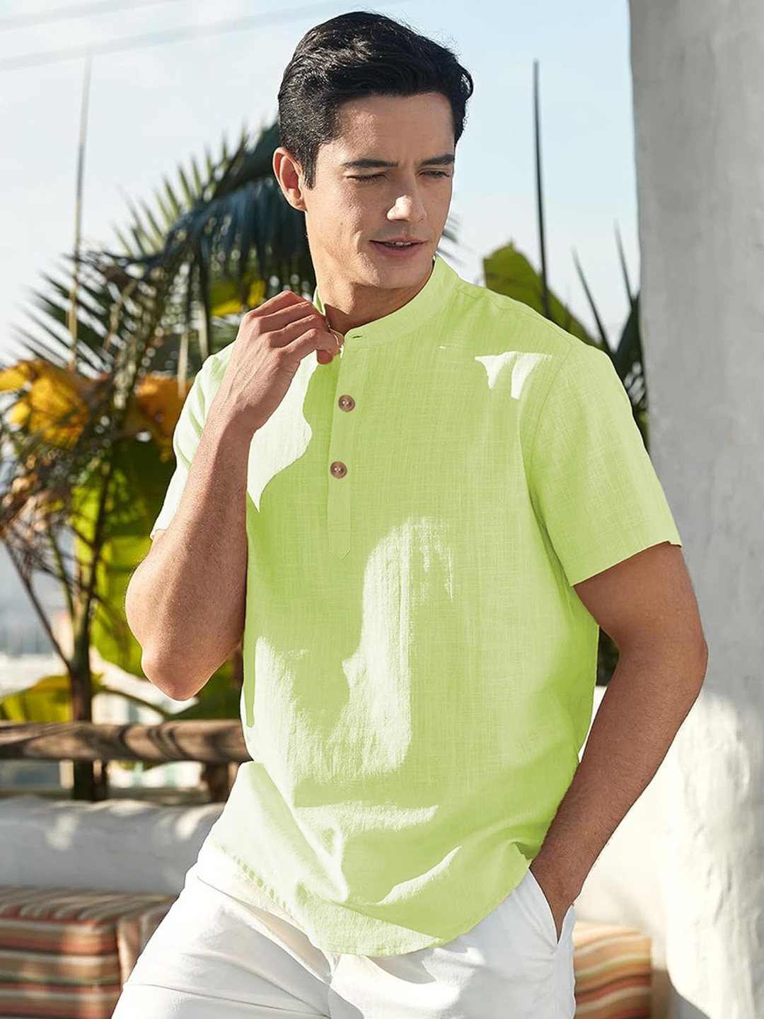 

Vida Loca Slim Fit Band Collar Cotton Short Kurta, Sea green
