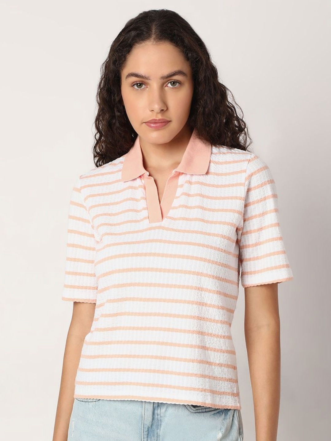 

Vero Moda Women Striped Polo Collar Cotton T-shirt, Pink