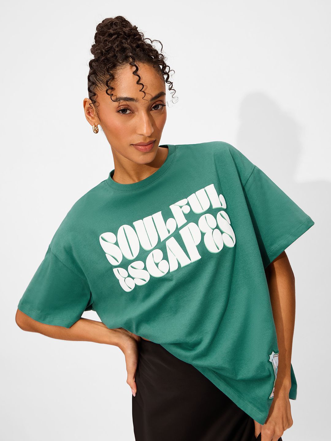 

The Souled Store Women Typography Printed Round Neck Cotton Oversized T-shirt, Green