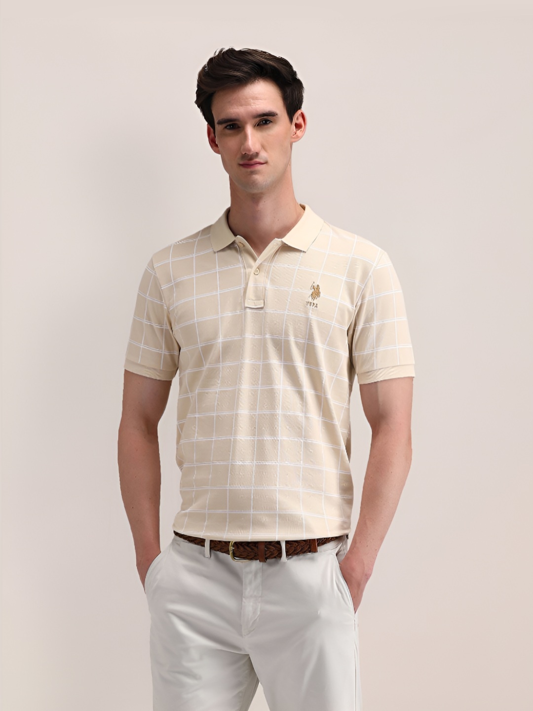 

U.S. Polo Assn. Men Checked Checked Cotton Slim Fit T-shirt, Brown
