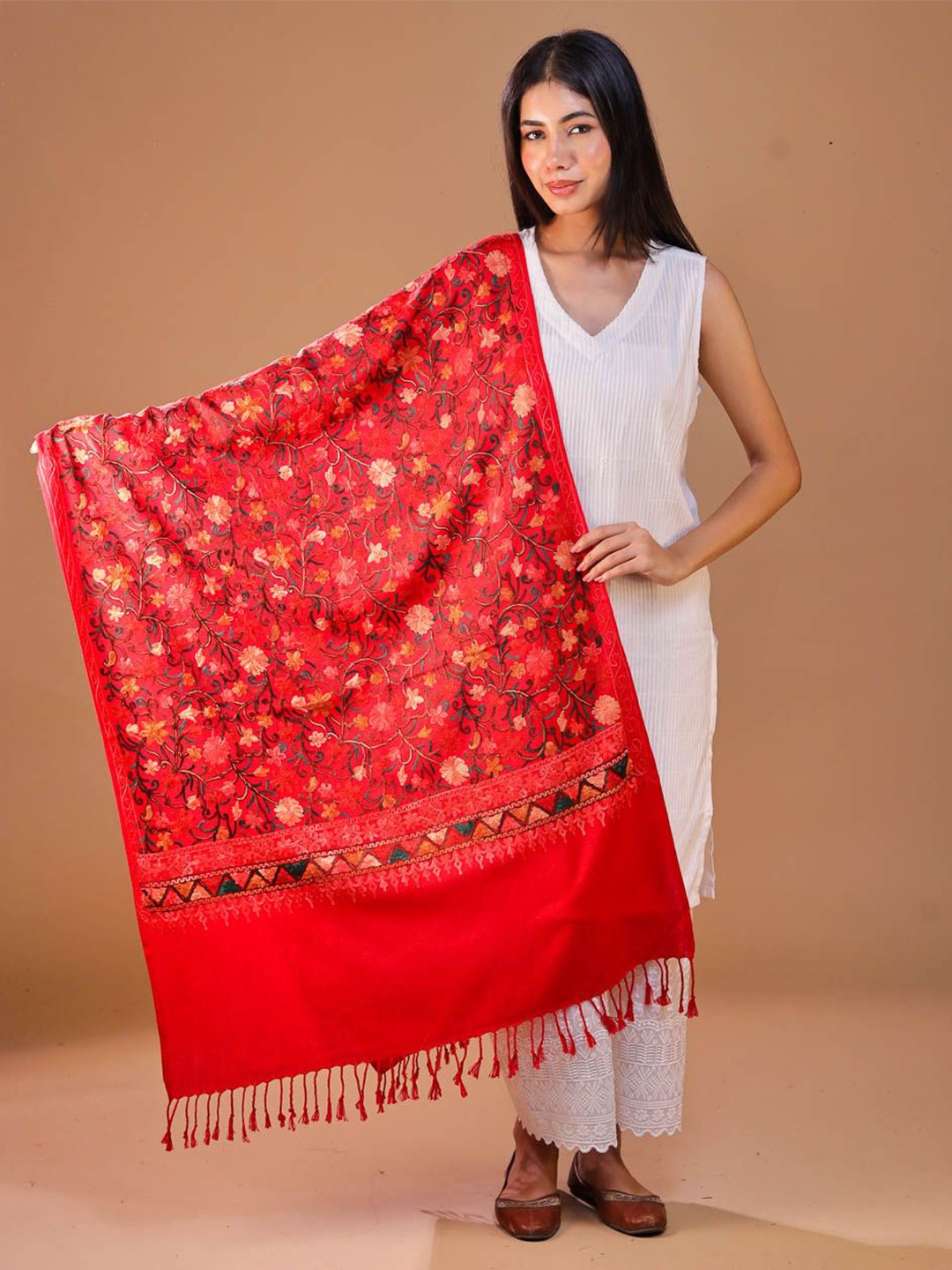 

SWI Stylish Women Aari Embroidery Wool Stole, Red