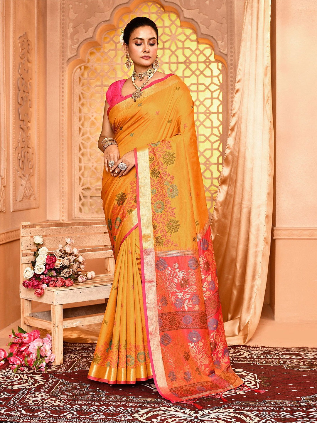 

elora Ethnic Motifs Zari Banarasi Saree, Mustard