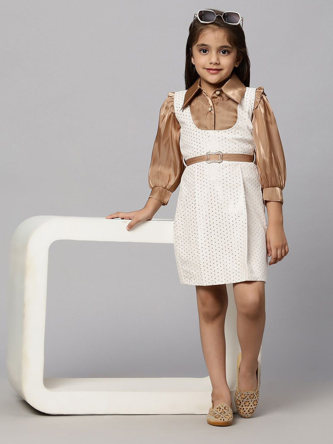 

Macwin Girls Shirt Collar Printed Pinafore Dress With Tissue Top, Cream