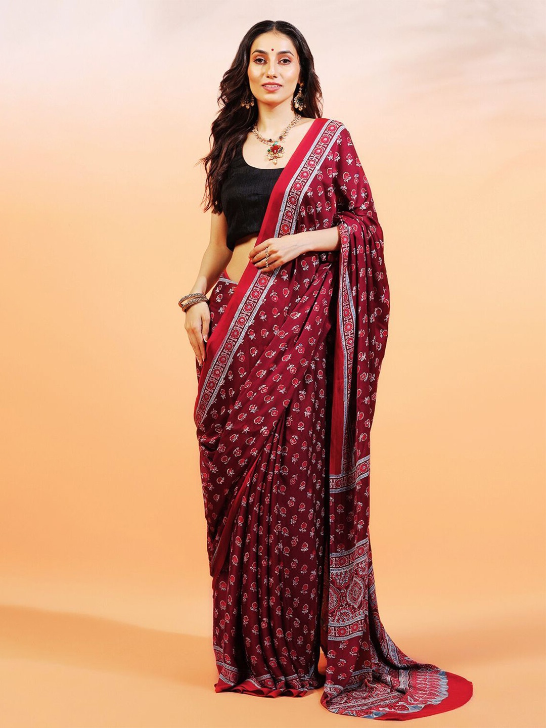 

ADITRI Handloom Handblock Printed Ajrakh Modal Silk Saree, Maroon