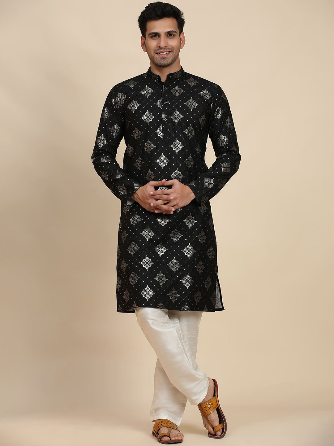 

Rawayi Geometric Embroidered Sequinned Mandarin Collar Cotton Straight Kurta, Black