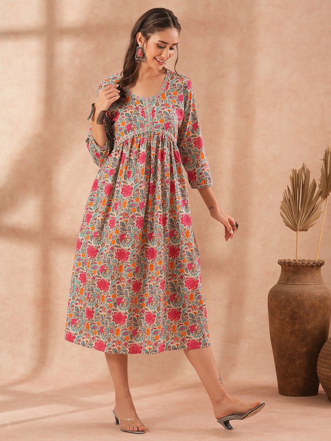 

FASHOR Ethnic Motifs Printed Cotton A-Line Midi Dress, Pink