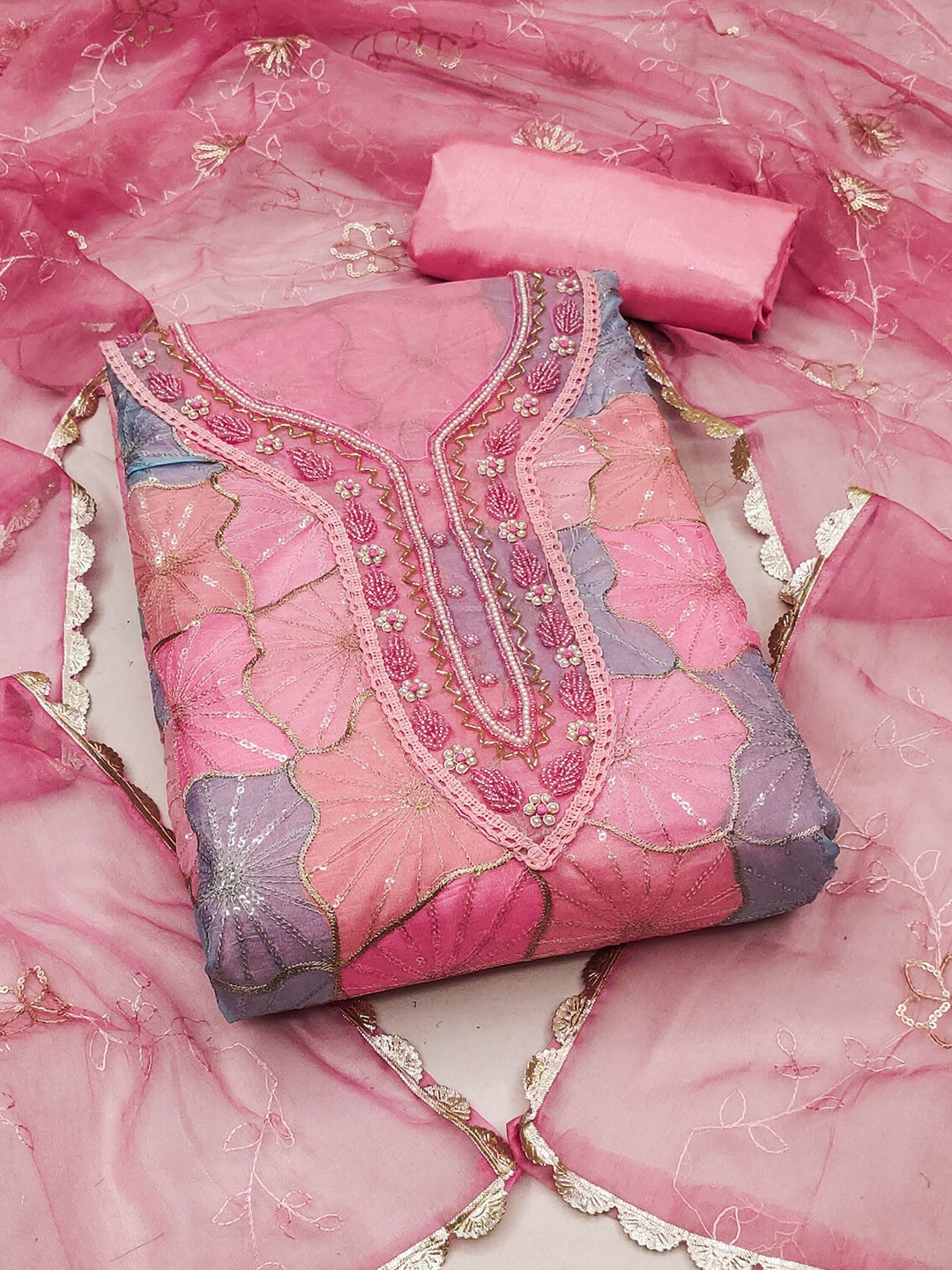

Ishin Beads and Stones Embroidered Organza Unstitched Dress Material, Pink