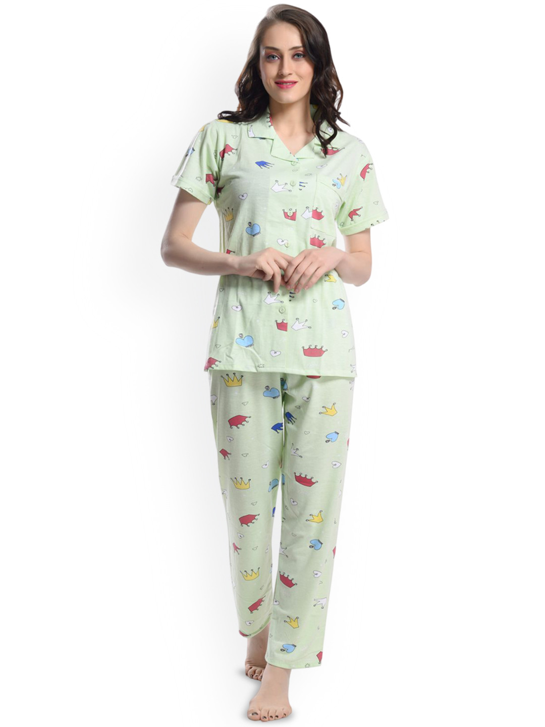 

SHYAM SONS FLAIR Women Graphic Printed Lapel Collar Night suit, Green