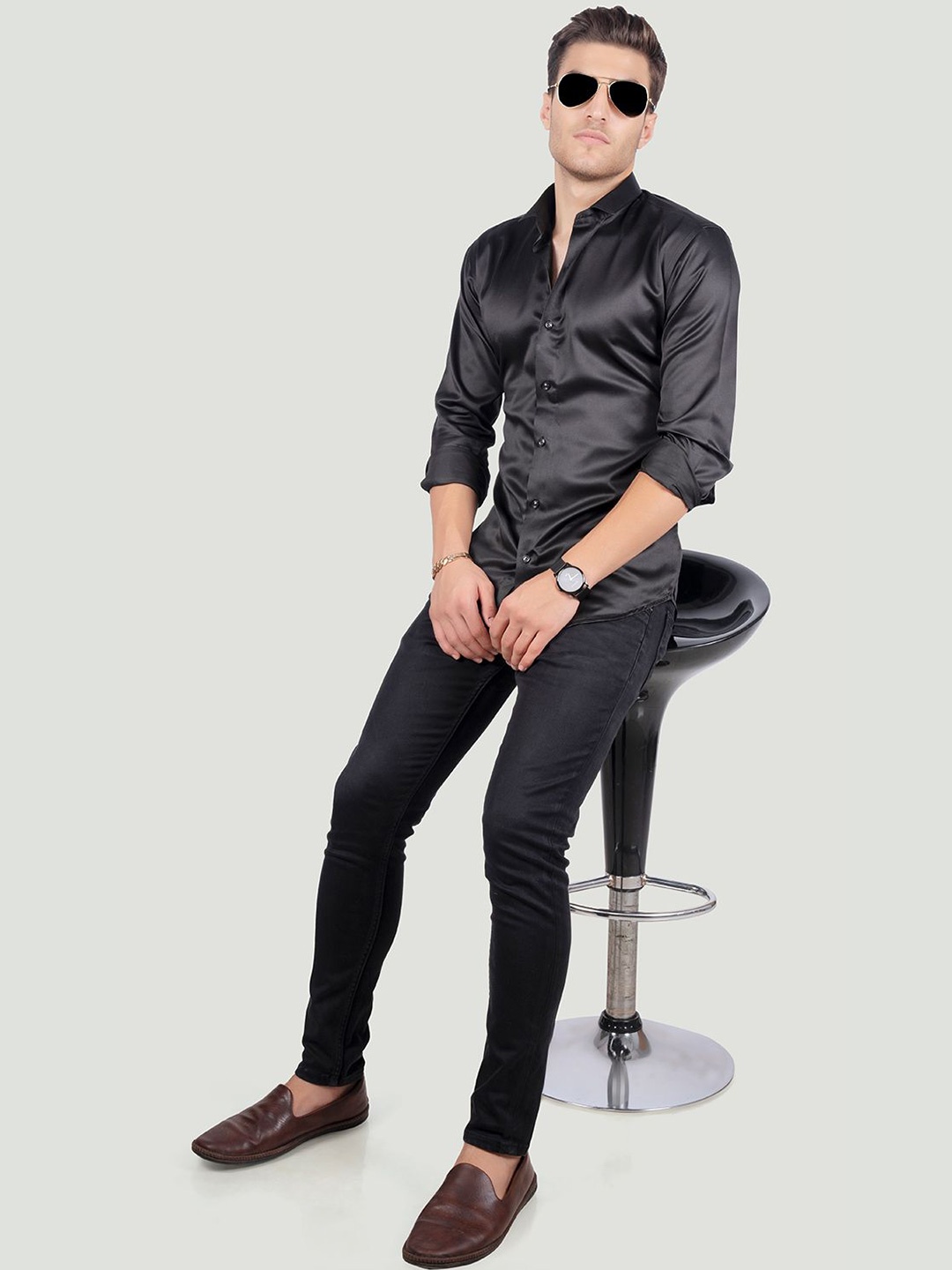 

ALMATY Men Comfort Spread Collar Solid Cotton Slim Fit Party Shirt, Black