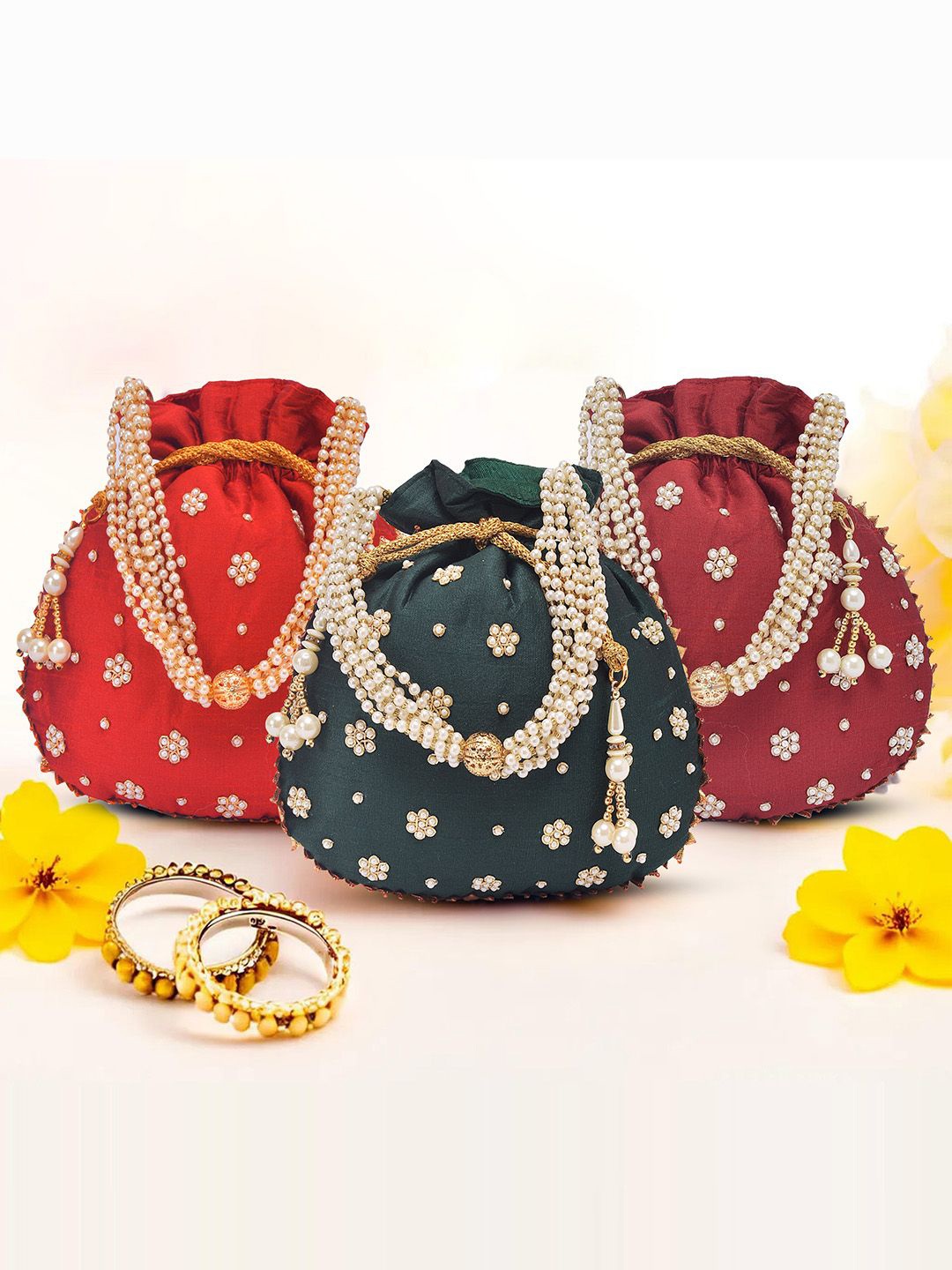 

Kuber Industries Set of 3 Embroidered Potli Clutch, Pink