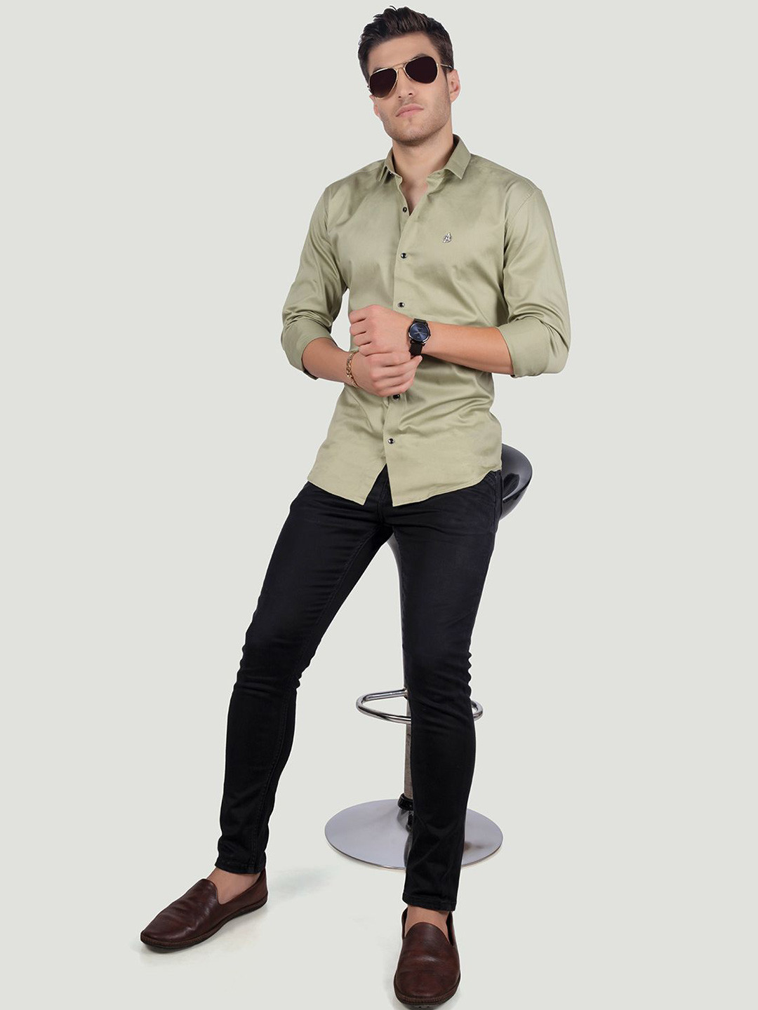 

ALMATY Men Comfort Spread Collar Solid Cotton Slim Fit Party Shirt, Green