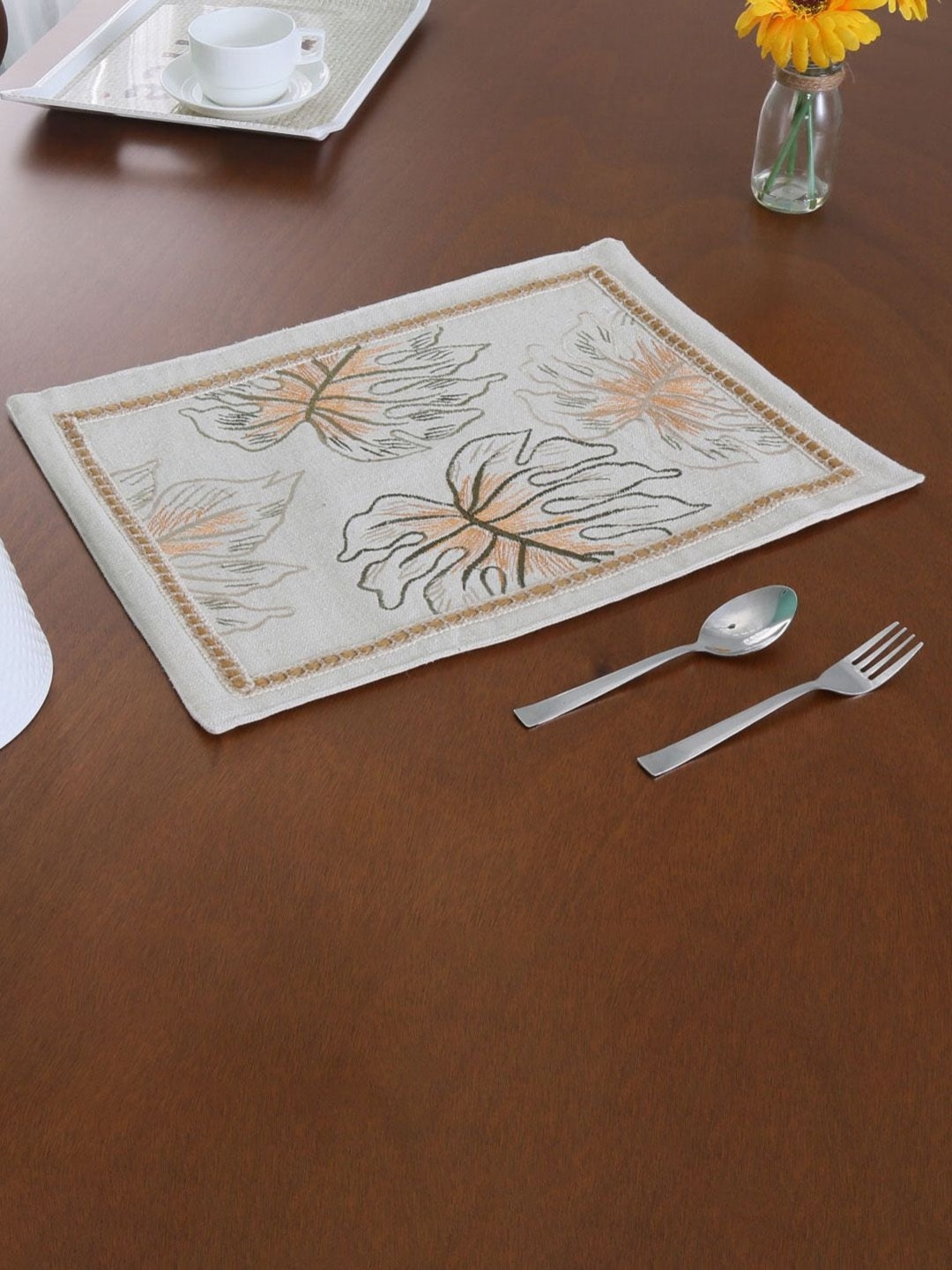 

Athome by Nilkamal White & Peach colored Embroidered Cotton Table Placemat