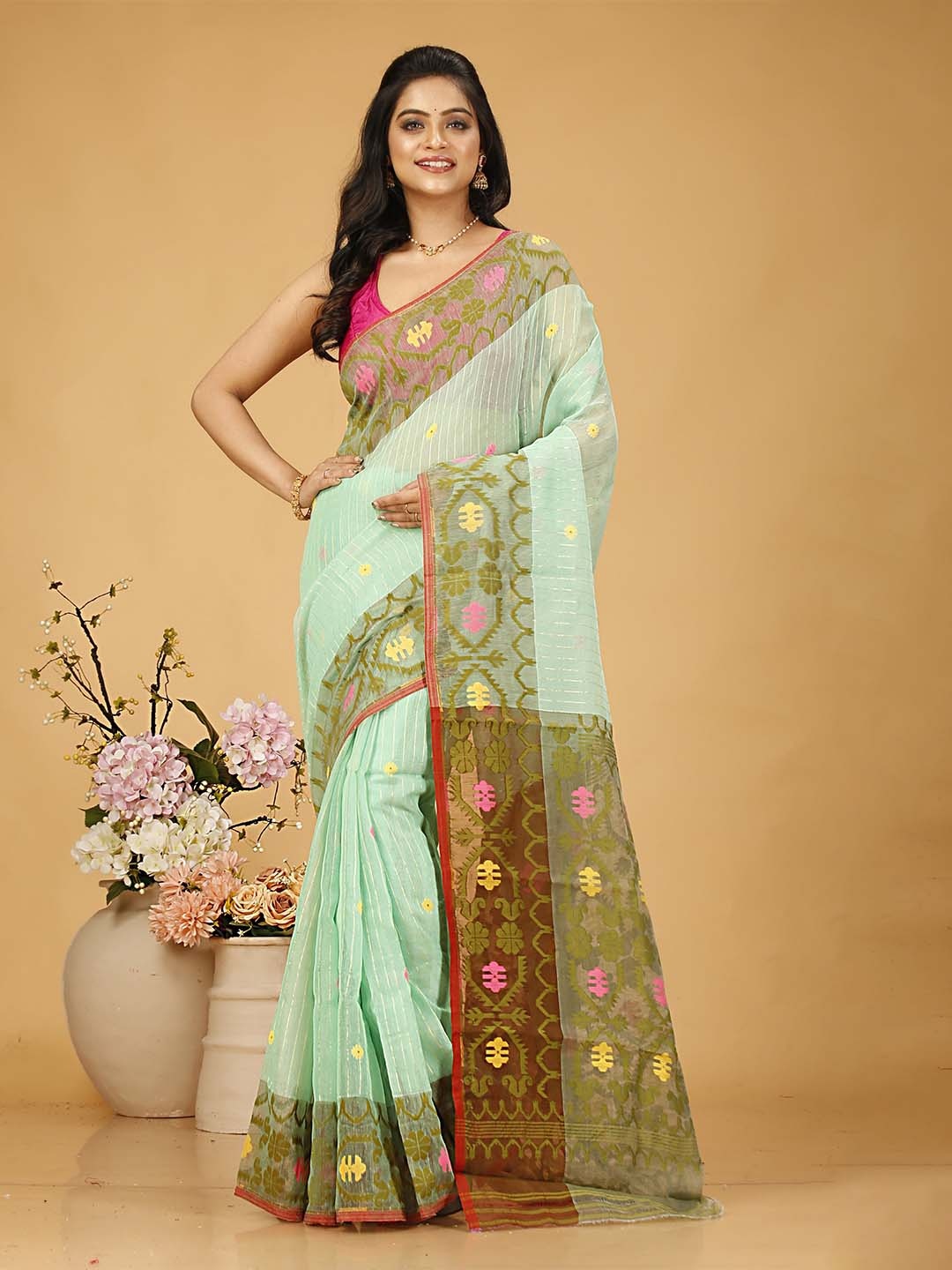

SLAGHA Woven Design Jamdani Saree, Fluorescent green