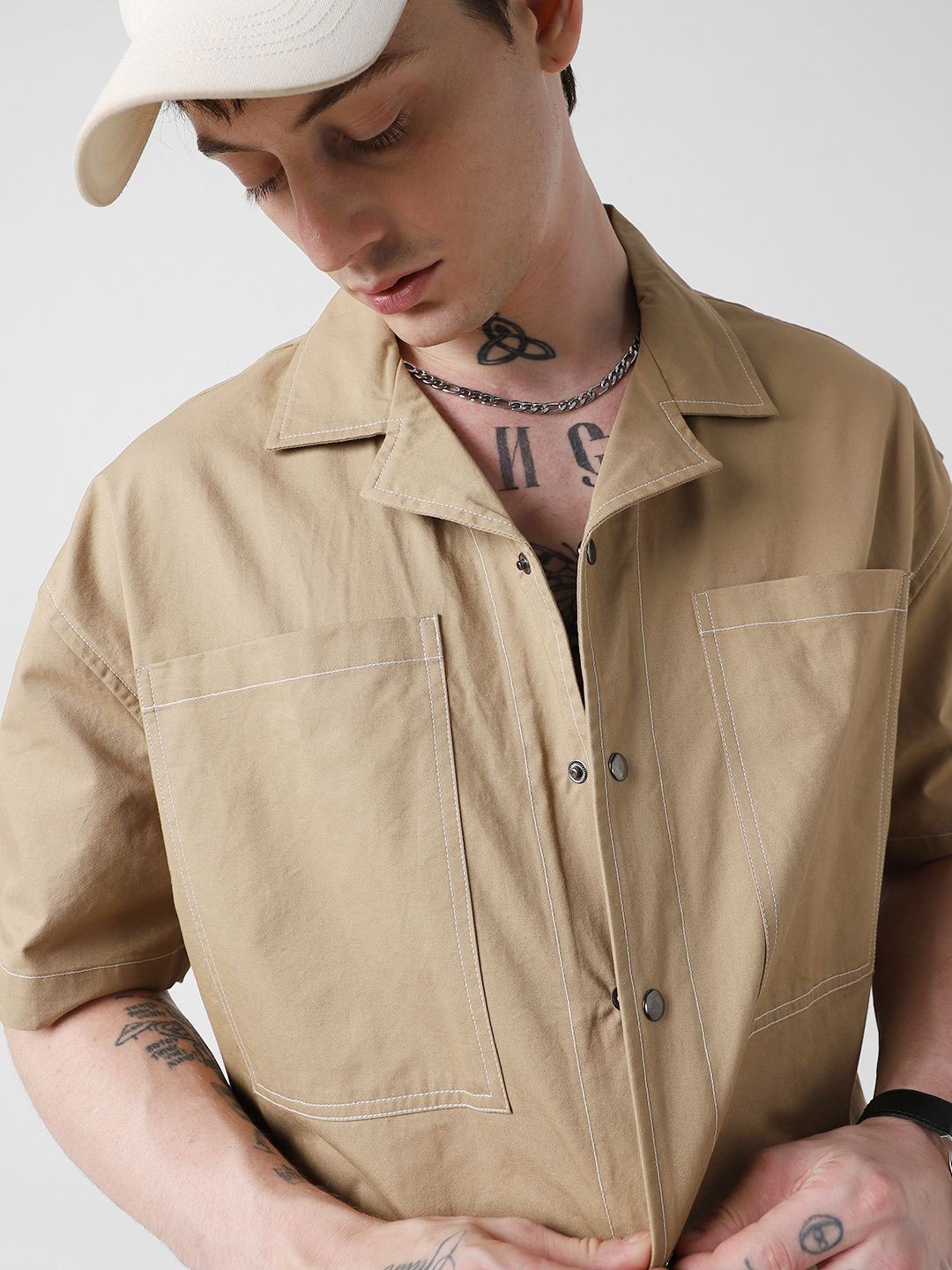 

VASTRADO Men Classic Cuban Collar Solid Cotton Oversized Casual Shirt, Tan
