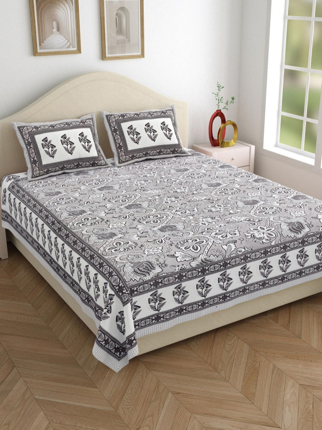 

Salona Bichona Grey Floral Printed 120 TC Pure Cotton Queen Bedsheet With 2 Pillow Covers