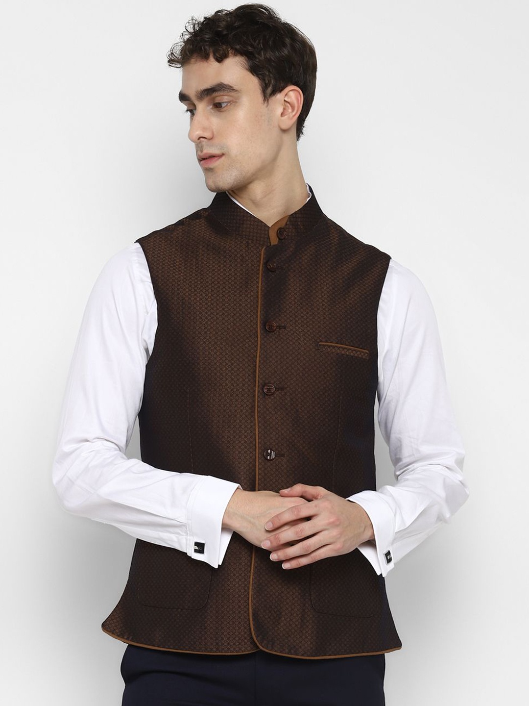 

Turtle Self Design Nehru Jacket, Brown