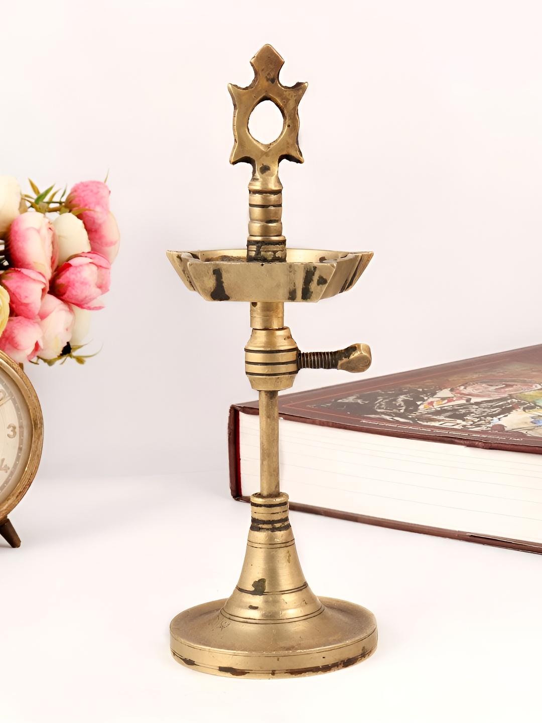 

Indianshelf Gold-Toned Textured Brass Diya Pooja Essentials