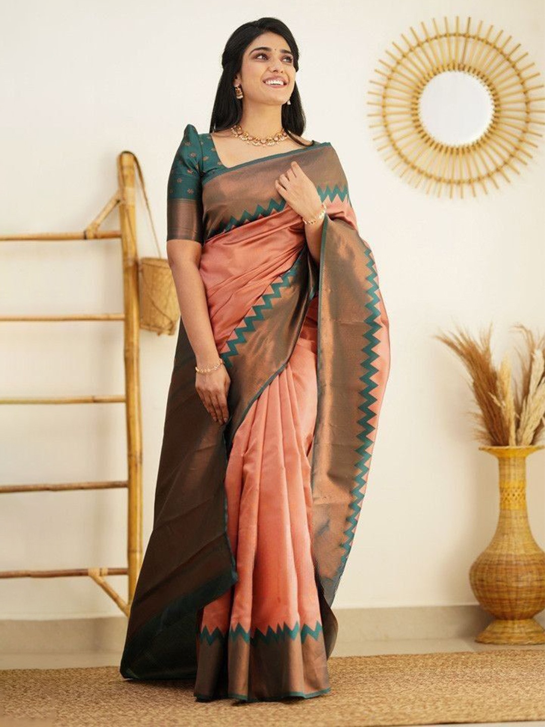 

Quelea Zari Woven Pure Silk Banarasi Saree, Peach
