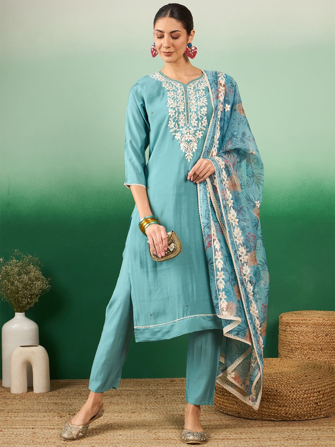 

Maroosh Women Embroidered Kurta & Trouser with Dupatta, Sea green