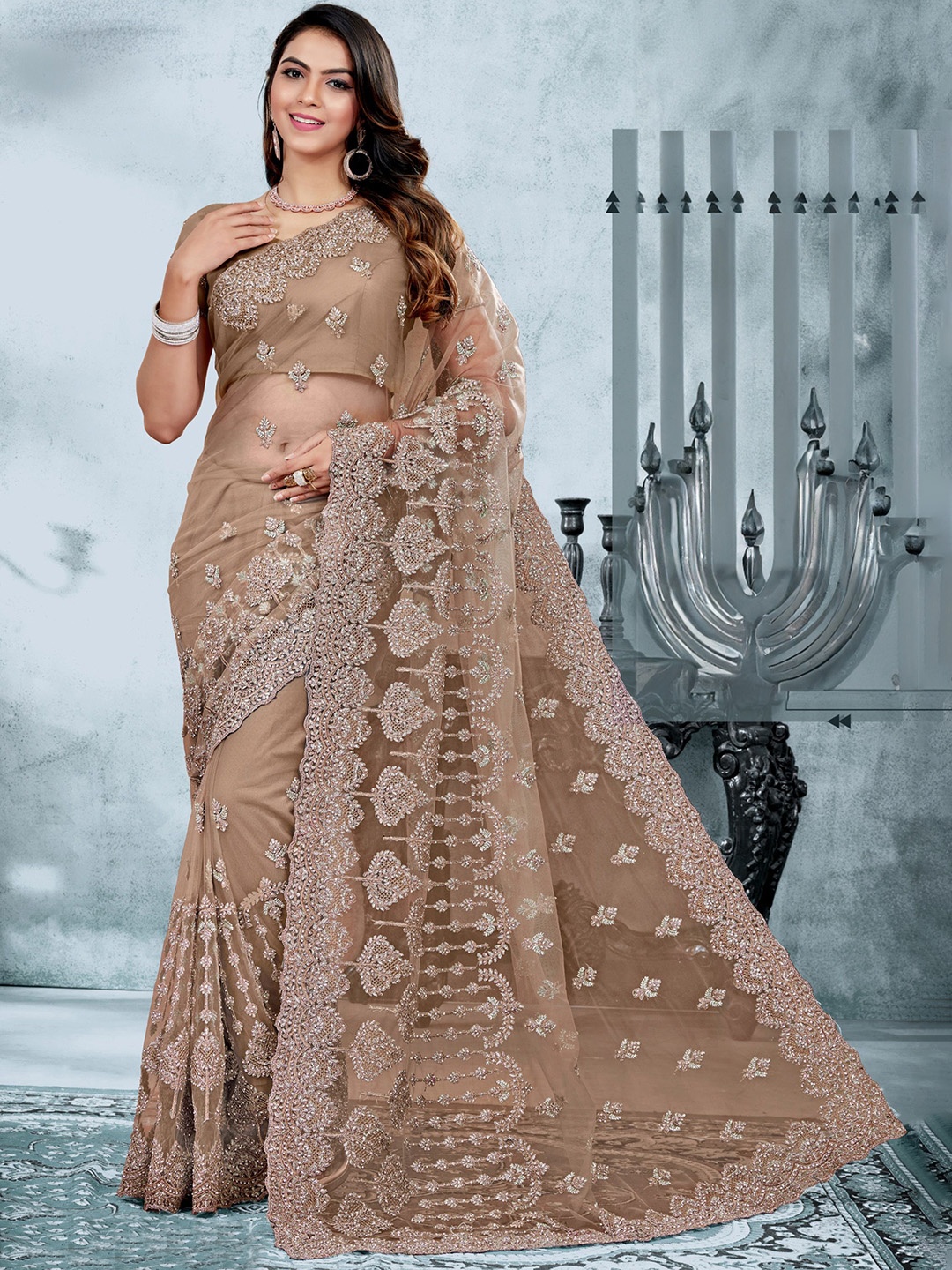

Arron Creats Embellished Embroidered Net Saree, Beige