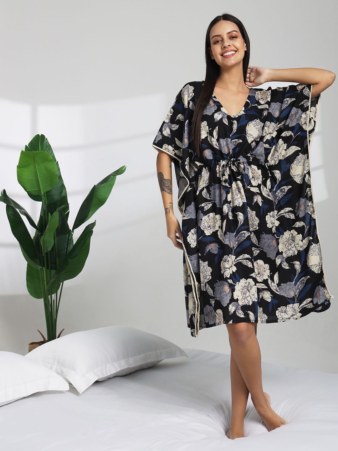 

Bannos Swagger Floral Printed Pure Cotton Kaftan Nightdress, Blue