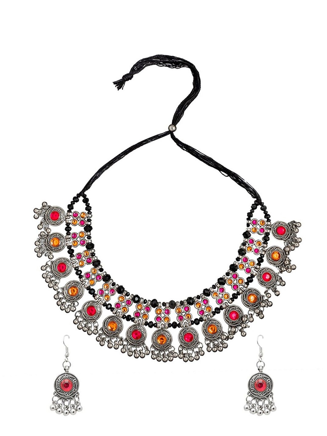 

FIMBUL Silver-Plated Oxidised Stone-Studded & Beaded Jewellery Set