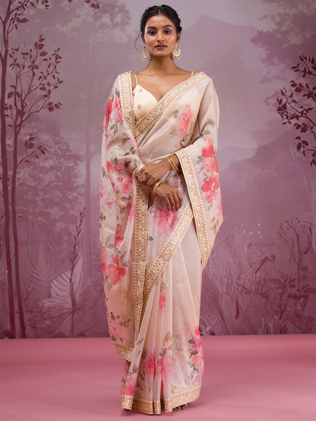 

Koskii Floral Printed Embellished Pure Georgette Saree, Beige