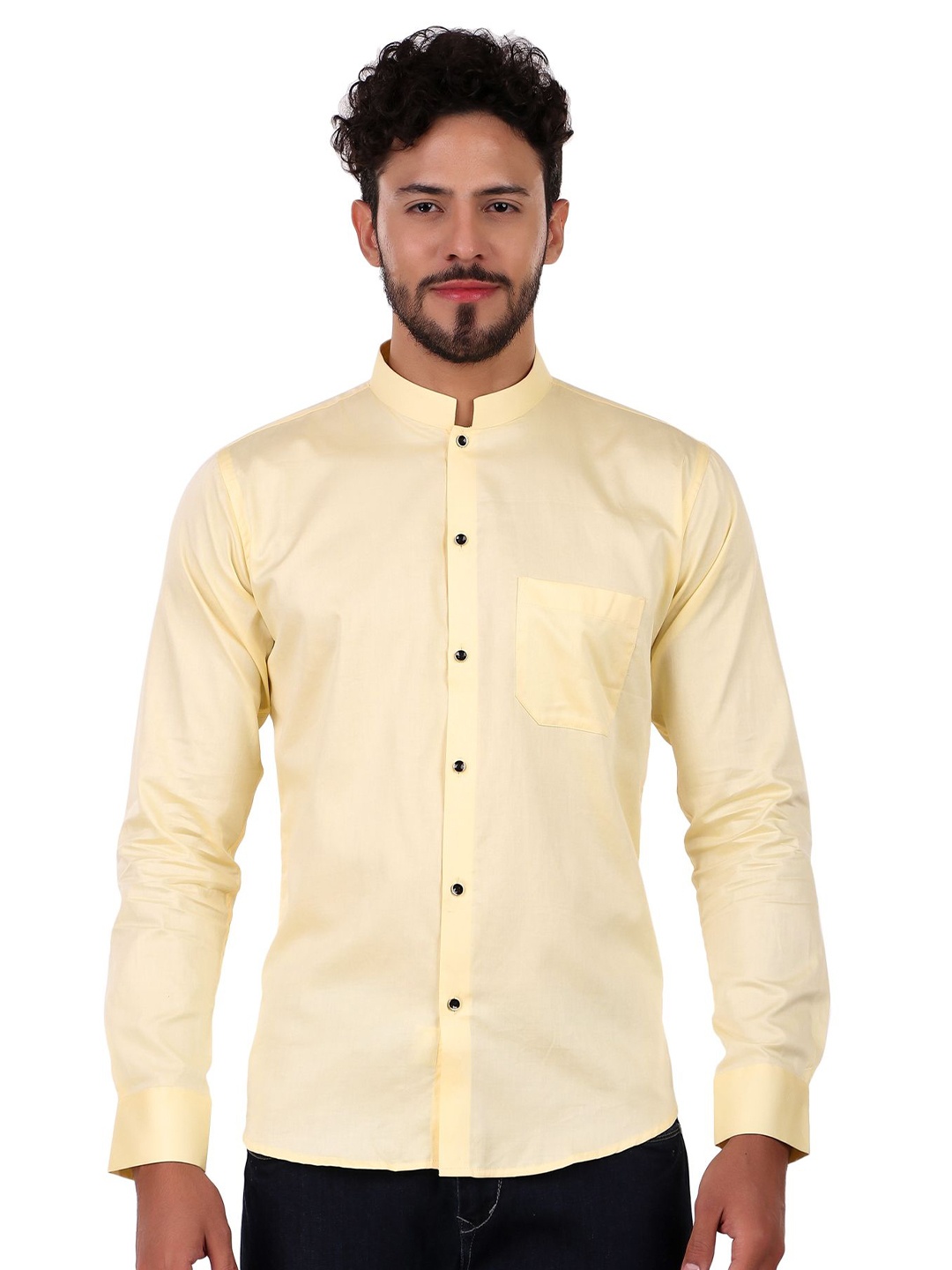 

DESIGN UP Men Radon Slim Fit Mandarin Collar Cotton Shirt, Yellow