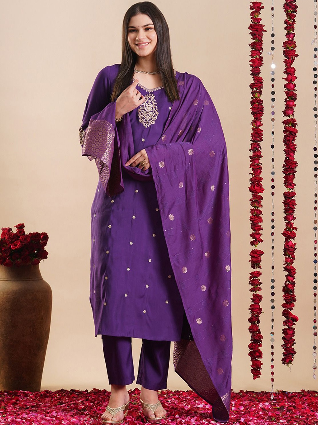 

Anni Designer Floral Embroidered Sequinned V-Neck Straight Kurta with Trouser & Dupatta, Purple