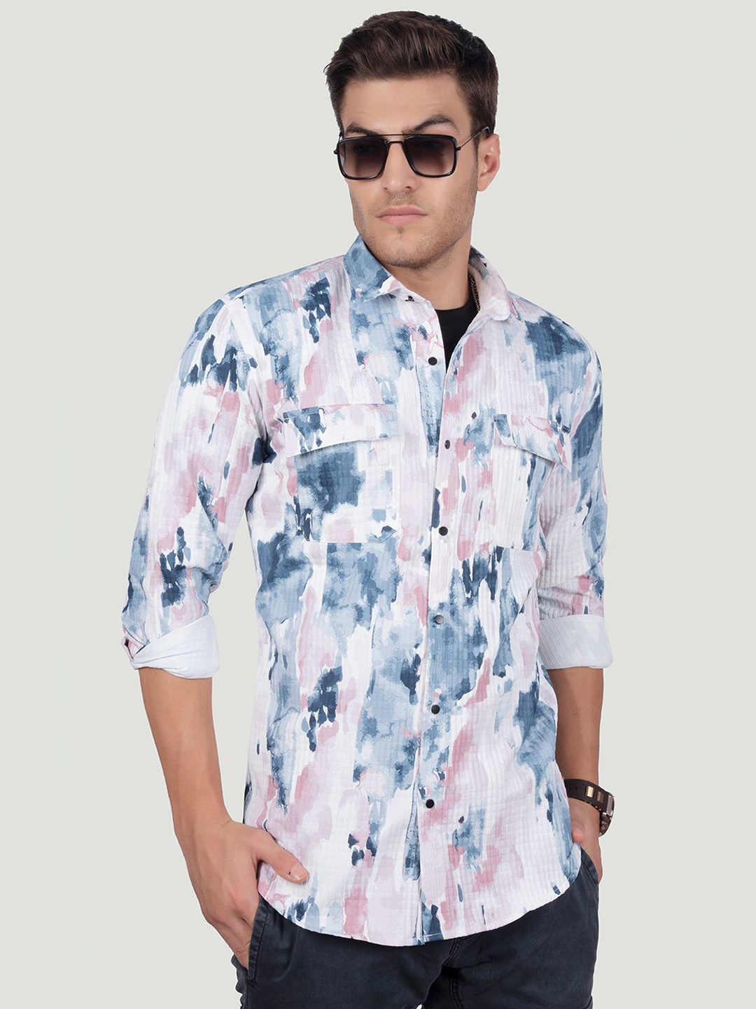 

ALMATY Men Comfort Spread Collar Abstract Printed Cotton Slim Fit Party Shirt, White