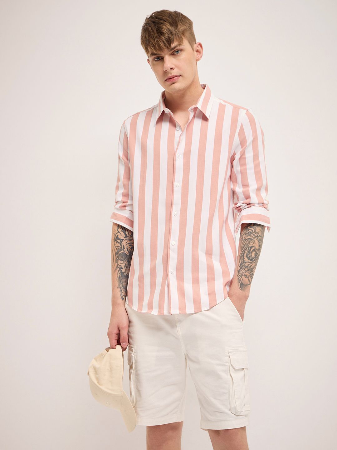 

THE BEAR HOUSE Men Slim Fit Striped Casual Shirt, Peach