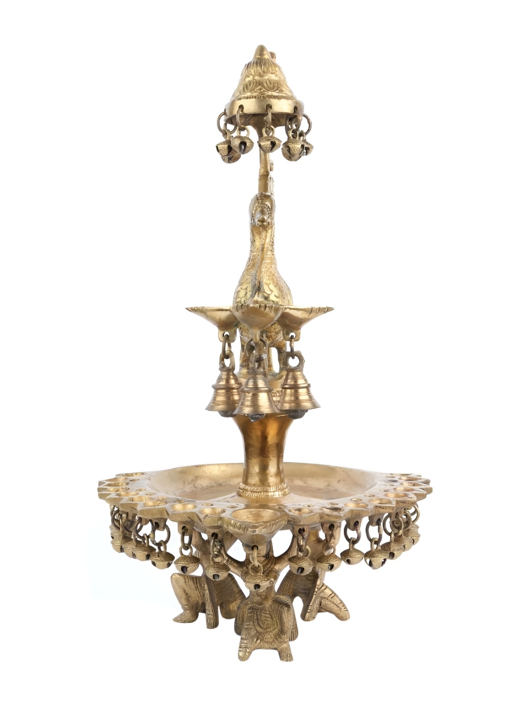 

Indianshelf Gold Toned Textured Brass Peacock With Bell Oil Diya