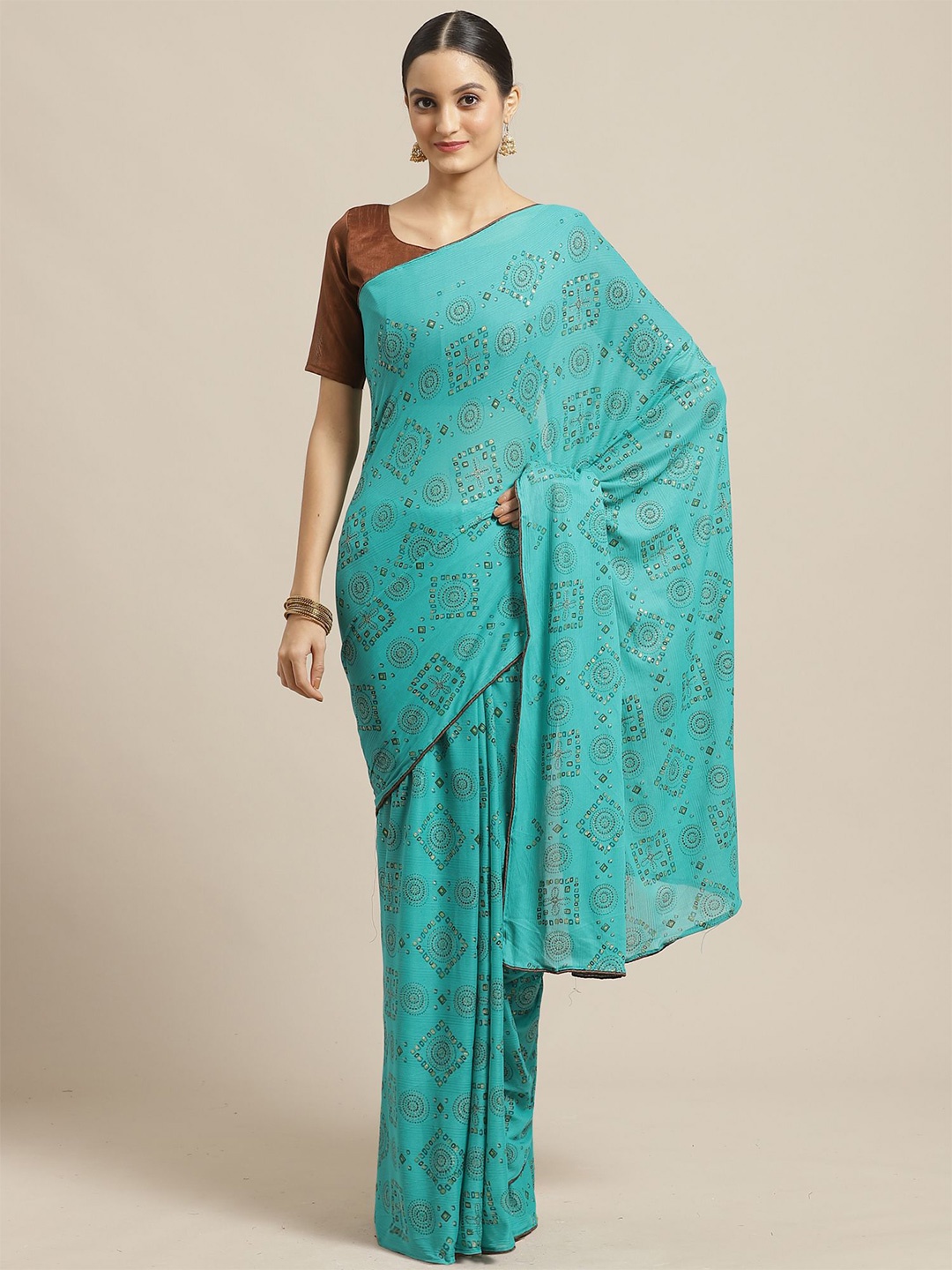 

Saree mall Poly Chiffon Printed Saree with Matching Blouse, Teal