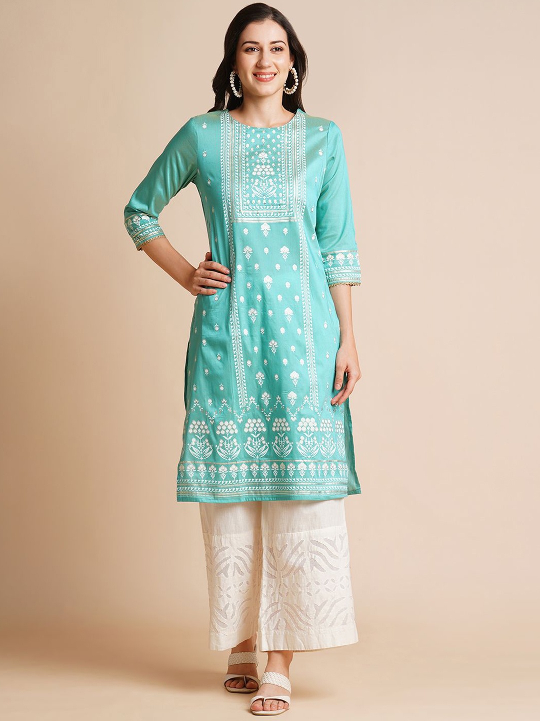 

RATAN Floral Printed Sequinned Chanderi Silk Straight Kurta, Turquoise blue