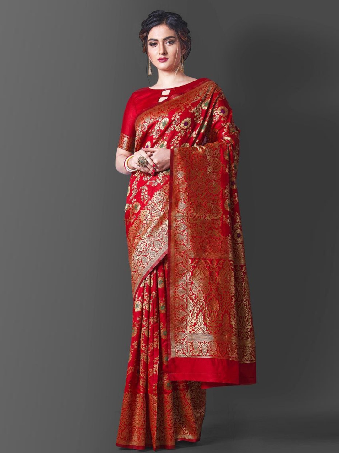 

Quelea Woven Design Zari Pure Silk Banarasi Saree, Red