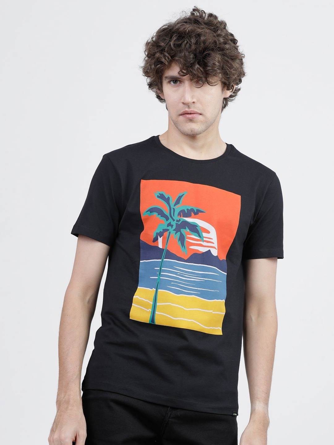 

HIGHLANDER Men Graphic Printed Round Neck Cotton Slim Fit T-shirt, Black