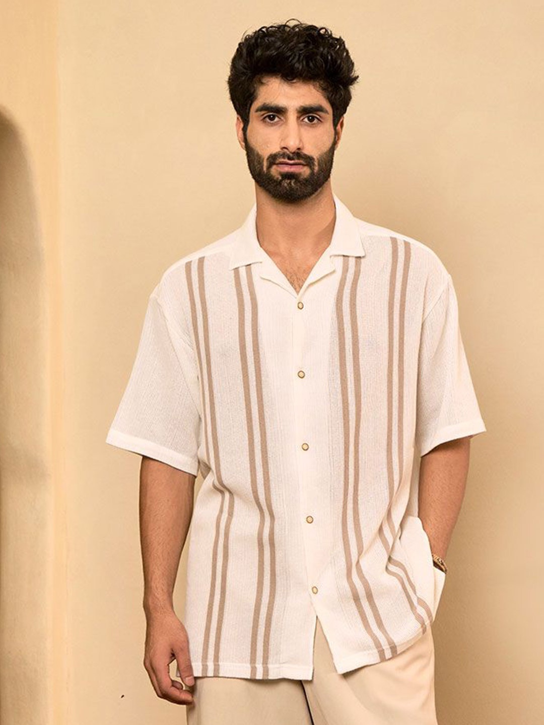 

KINGDOM OF WHITE Getaway Men Cuban Collar Vertical Striped Cotton Relaxed Fit Casual Shirt