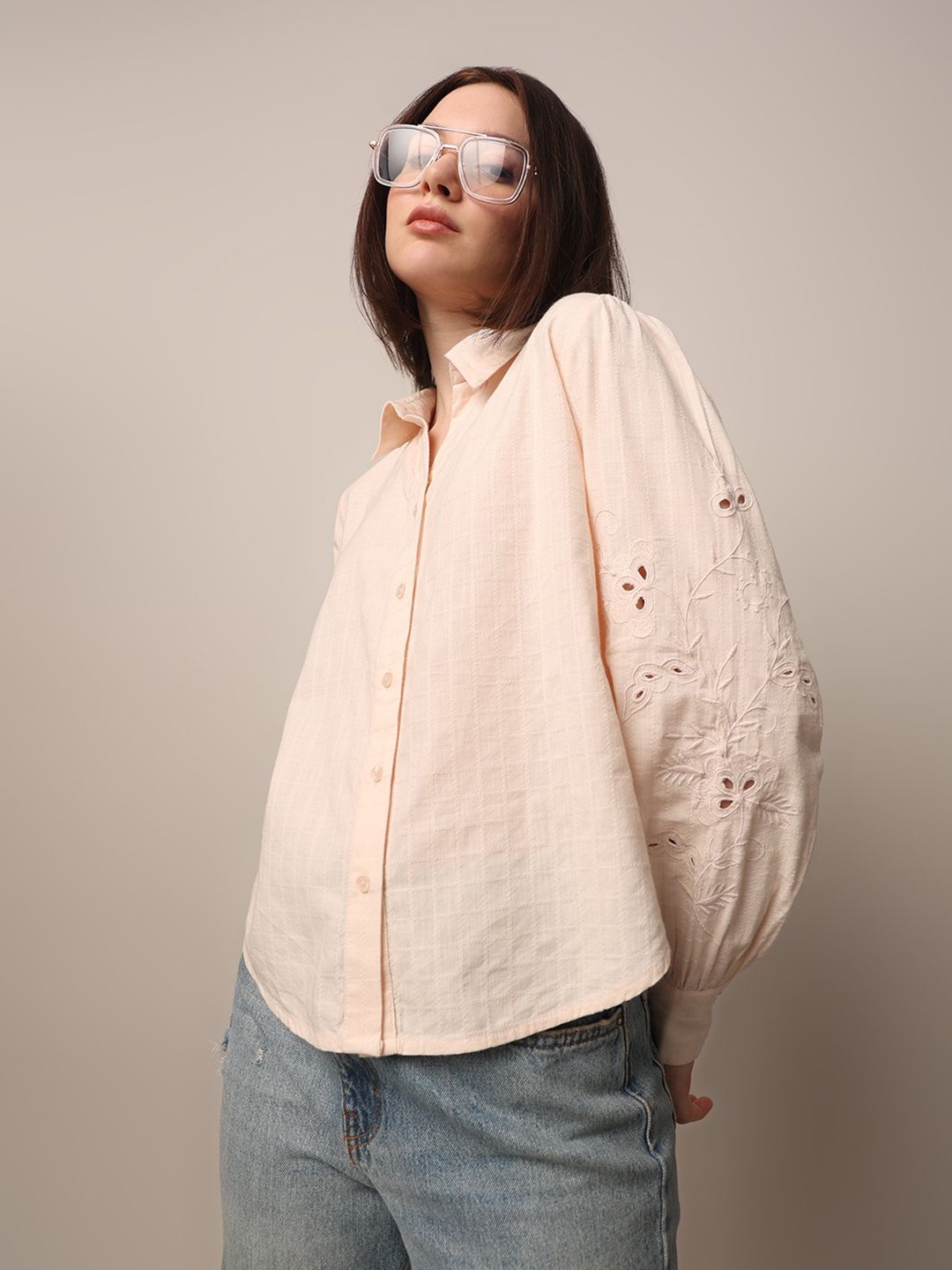 

ONLY Women Spread Collar Textured Cotton Casual Shirt, Peach