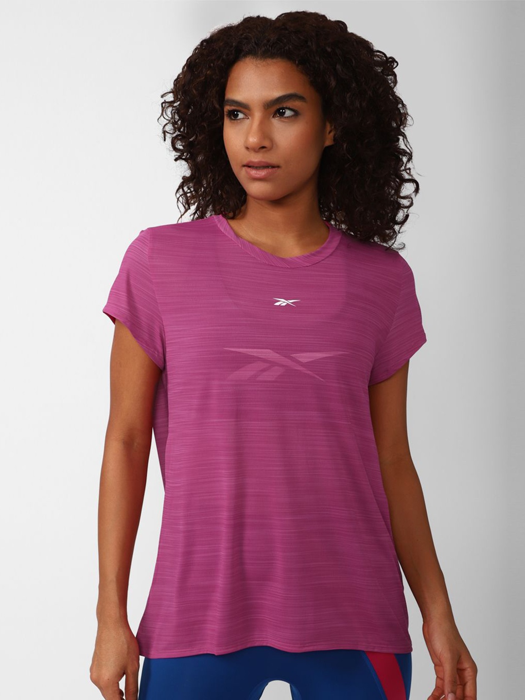 

Reebok Women Rbk Fitness WOR AC Printed Pure Cotton Tee, Purple