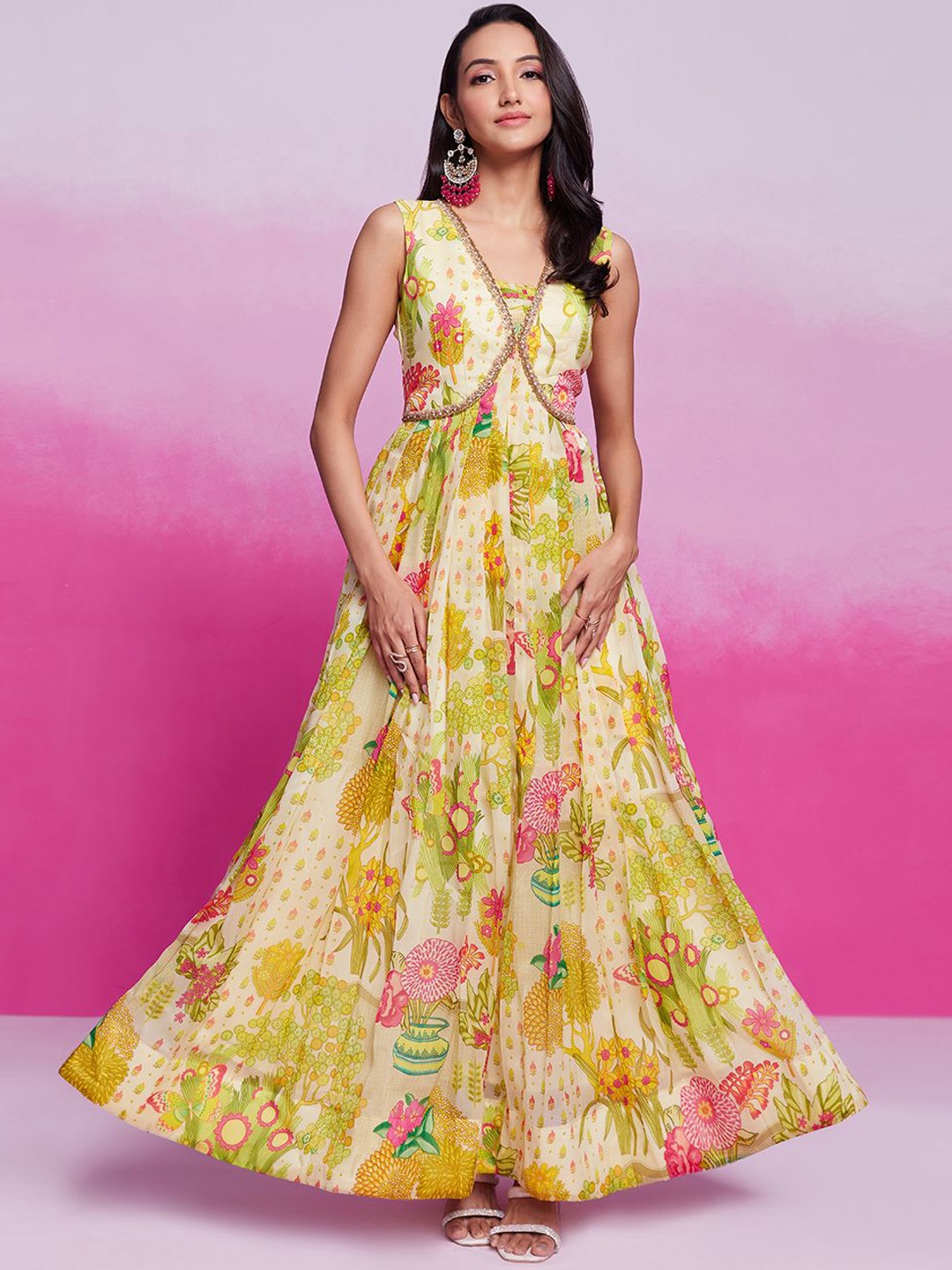 

Fusionic Floral Printed Anarkali Maxi Ethnic Dress, Lime green