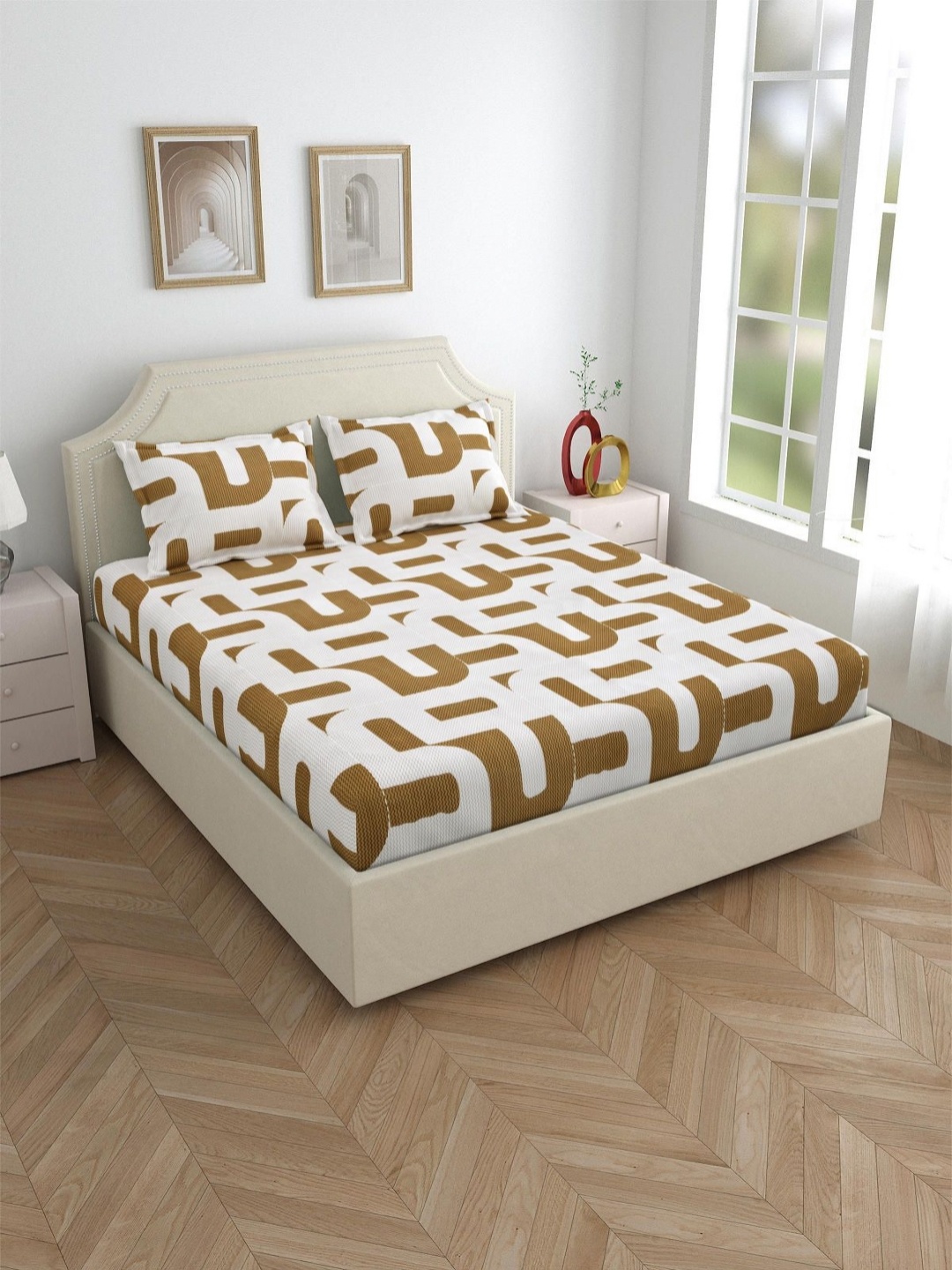 

Salona Bichona Brown & White Geometric Cotton 144 TC Queen Bedsheet with 2 Pillow Covers