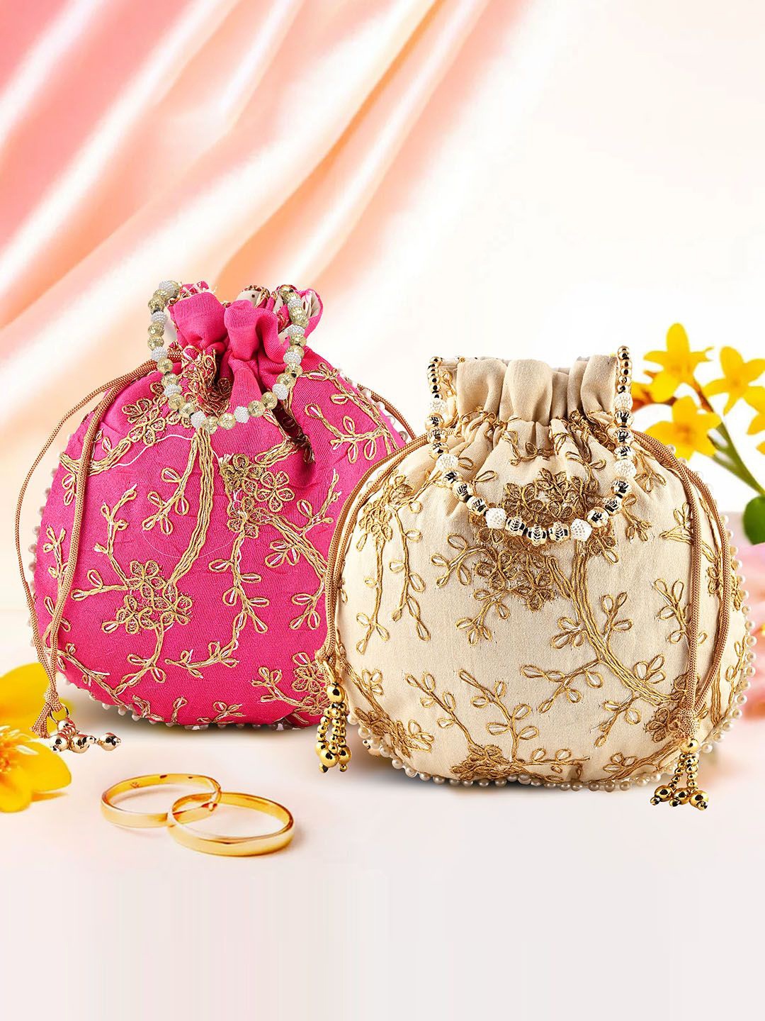 

Kuber Industries Set of 2 Embroidered Potli Clutch, Cream