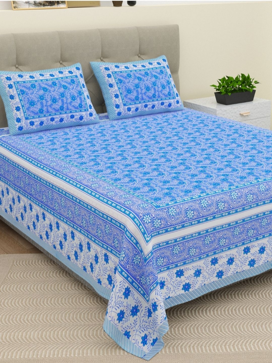 

The Craft Monk Blue Floral Printed 210 TC Cotton King Bedsheet with 2 Pillow Covers