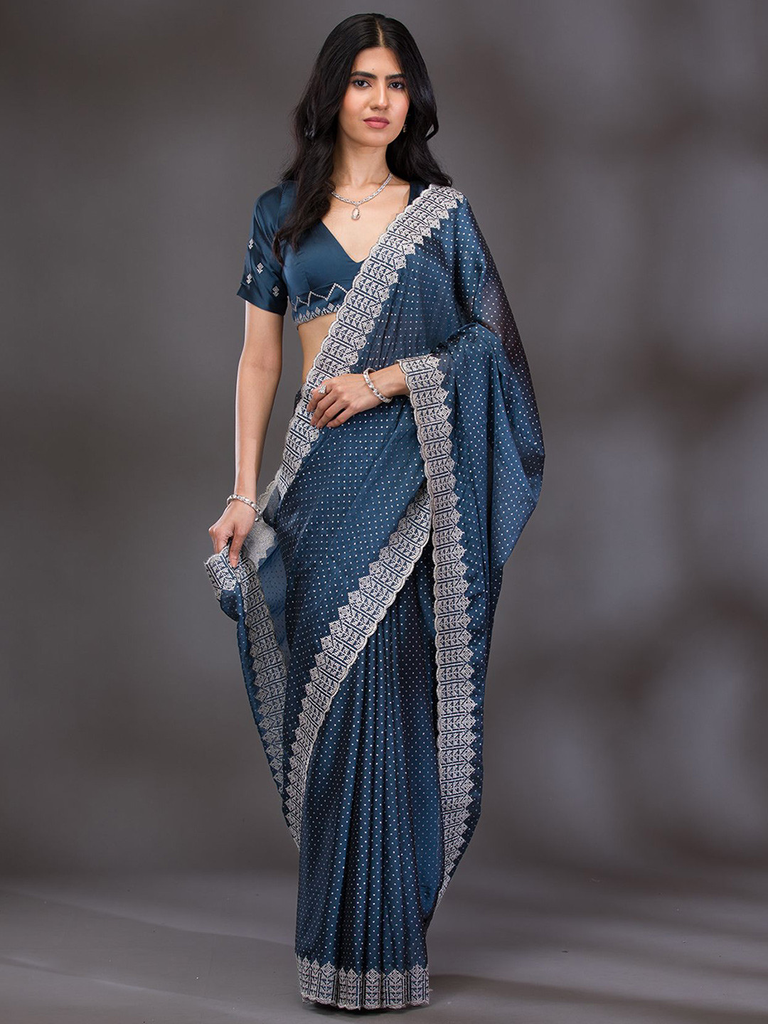 

Koskii Floral Beads and Stones Satin Saree, Blue